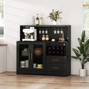 Modern Coffee Bar Cabinet with LED Lights & Power Strip, Home Bar with Wine Racks, Glass Holders & Storage, Black