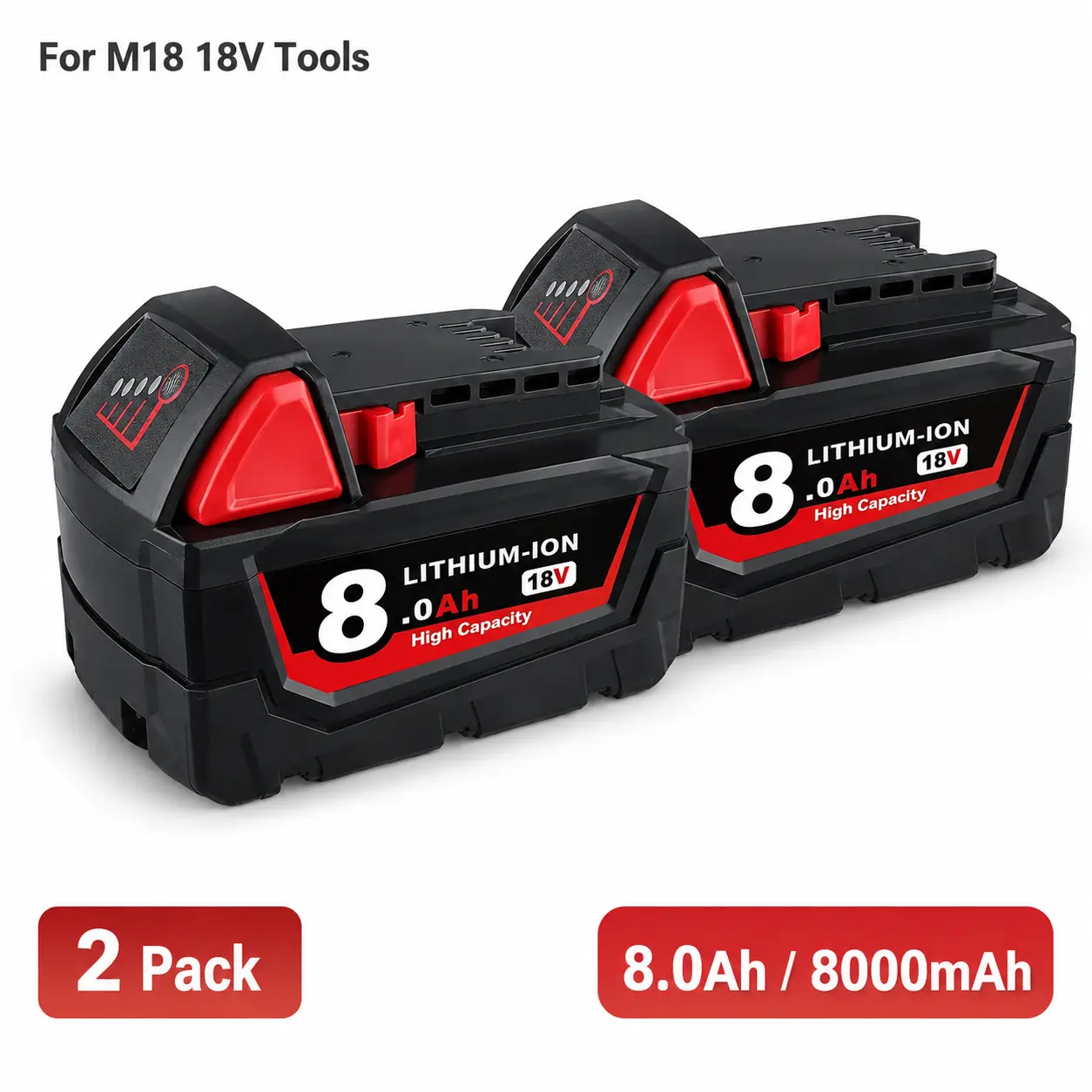 2-Pack 8.0Ah 18V Replacement Battery for Milwaukee M18 Cordless Power Tools, High Capacity Lithium-Ion Battery with LED Indicator (Compatible with 48-11-1850 48-11-1840)