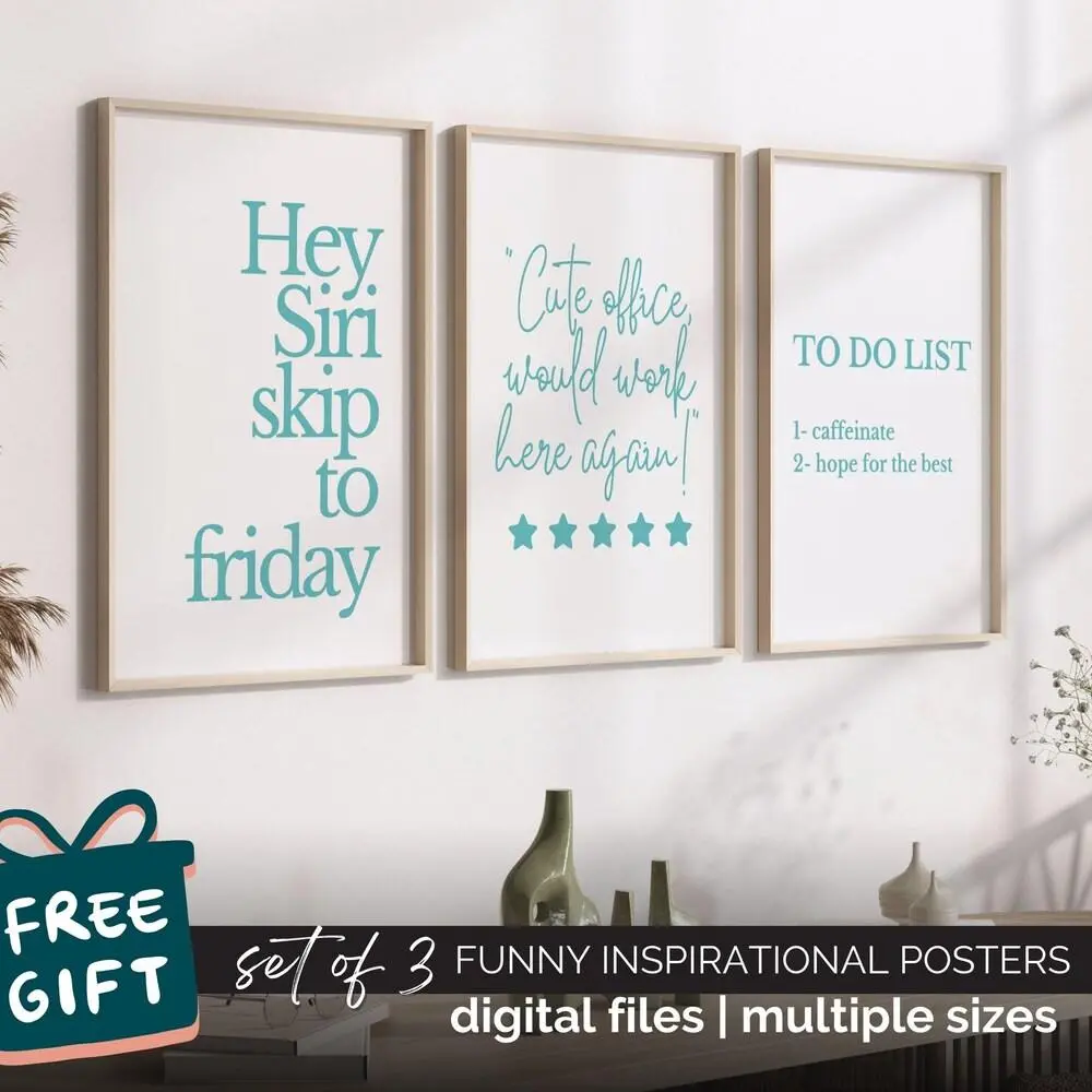 Blue Office Wall Decor, Set Sassy Home Office Posters Funny Motivational Quotes for Women, Light Blue Desk Decor Cute Office Accessories