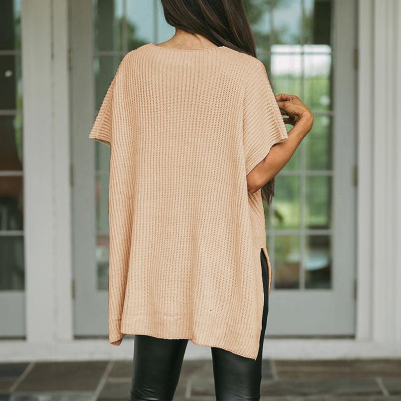 Shewin Oversized Cozy Ribbed Knit Top Women’s Crew Neck Short Sleeve Pullover Elegant Solid Color Knitwear with Side Slit for All-Season Casual Outfits