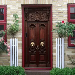 2pcs Vintage Relief European Style Wooden Door Wall Sticker Self Adhesive Removable Simulation Door Decal with Classic Patterns Lion Head Door Knocker Design for Living Room Entrance Bedroom Background