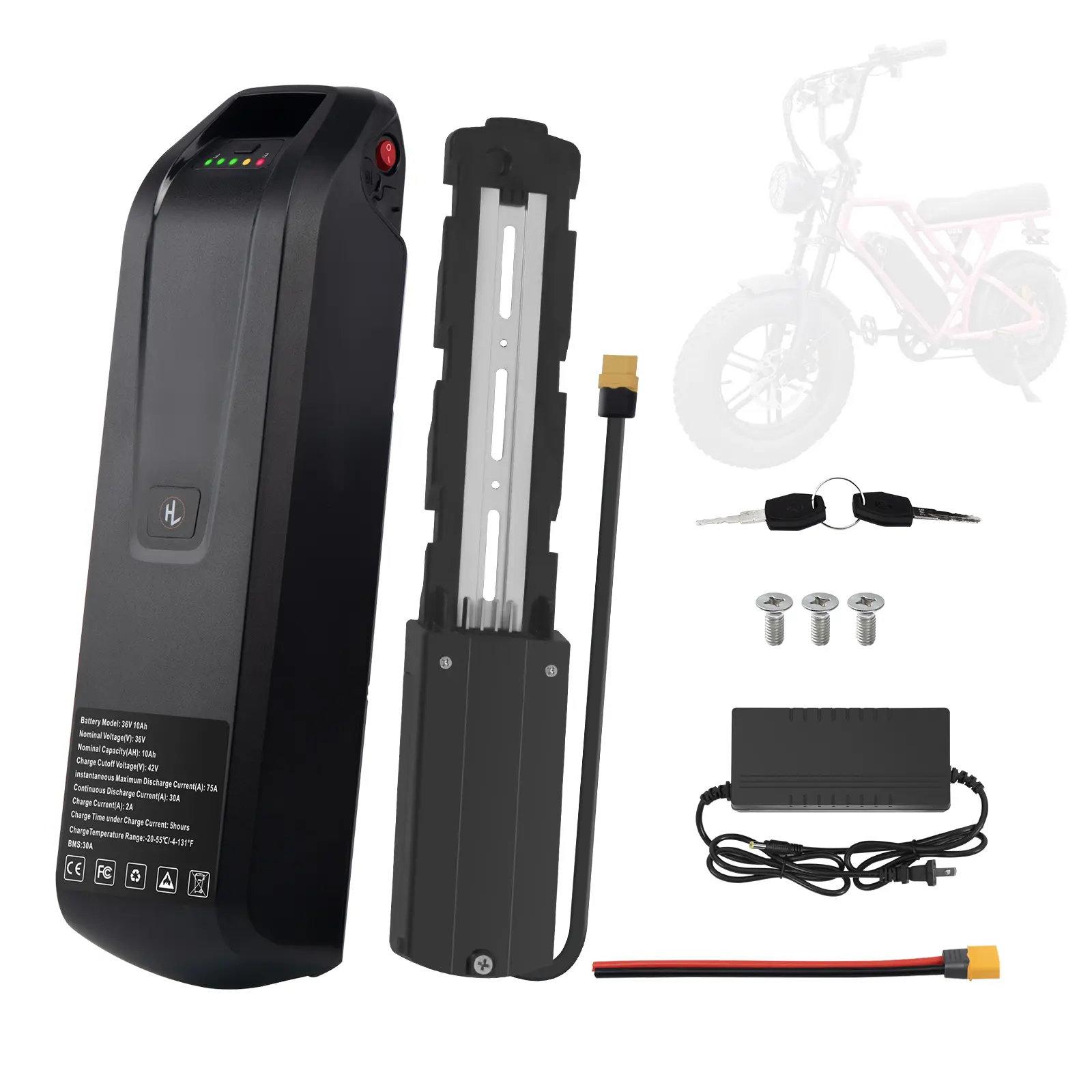 36V 10.4Ah Ebike Battery Pack Bike Accessory with 30A BMS, 4-Pin Baseplate, Power Switch, Safety Lock for 0-750w Ebike Motor