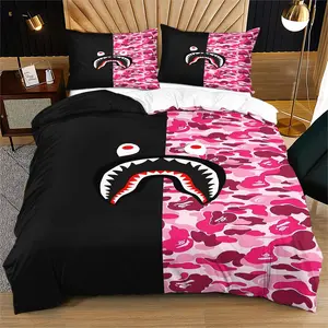 Bape Pattern Print Soft Durable Bedding Set, Bed Sheet Sets, Includes 1 Fitted Sheet and 1 or 2 Pillowcases, Excluding The Core And Pillow Core, Modern Style Bedroom Decor Gift