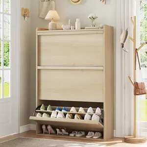 Modern Narrow Shoe Cabinet with Flip Drawers - Hide Entryway Clutter & Save Space