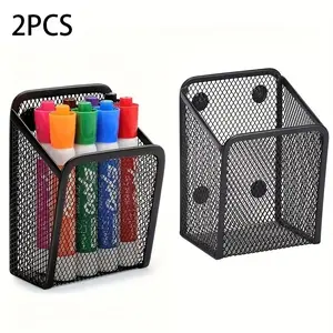2PCS Magnetic Pencil Holder, Mesh Stainless Steel Pen Basket, Metal Utensil Storage Organizer For Whiteboard, Blackboard, Kitchen, Locker, Home And Office, Stationery Storage Organizer, Desk Organizers