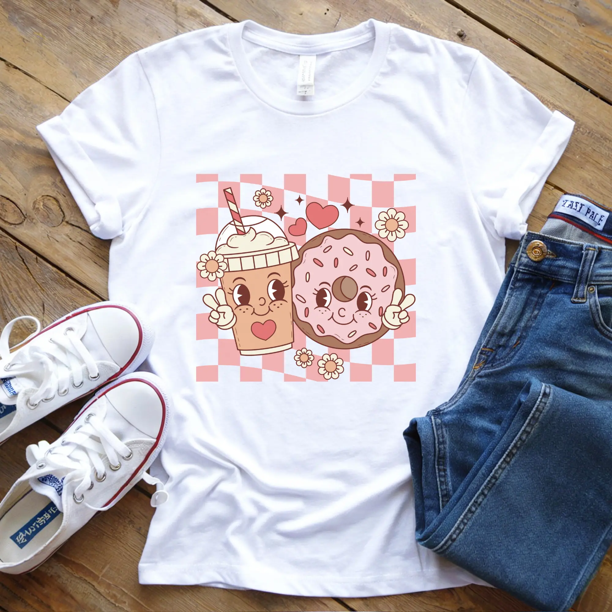 Women's Retro Coffee & Donut High-Quality DTF Transfer - Pressed at 285-299°F for 8-10 Sec With Firm Pressure, For Custom Graphic Tees or Hoodies