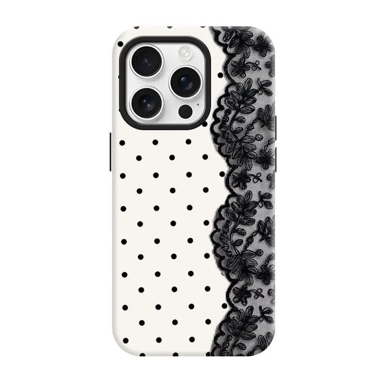 Polka Dots & Lace Splicing Shockproof Anti-Slip Scratch Resistant 2-in-1 Korean Glossy Printed Hard PC Case for iPhone 11-17 PRO MAX Cases Anti-Yellowing Cover Cellphone Durable, Accessories, Shell