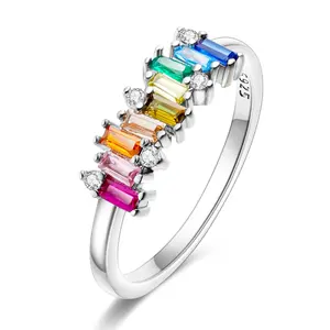 Rainbow Baguette Ring 925 Sterling Silver, Multicolor Baguette Gems, Clear Accents For Colorful Jewelry, Daily Wear Silver for Women