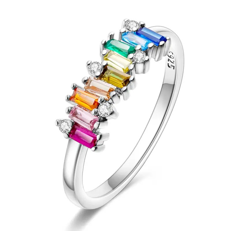 Rainbow Baguette Ring 925 Sterling Silver, Multicolor Baguette Gems, Clear Accents For Colorful Jewelry, Daily Wear Silver for Women