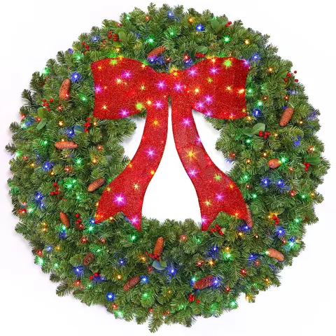 48-inch pre-lit artificial Christmas wreath with colorful LED lights and a bow, plug-in design for indoor or outdoor holiday decor.