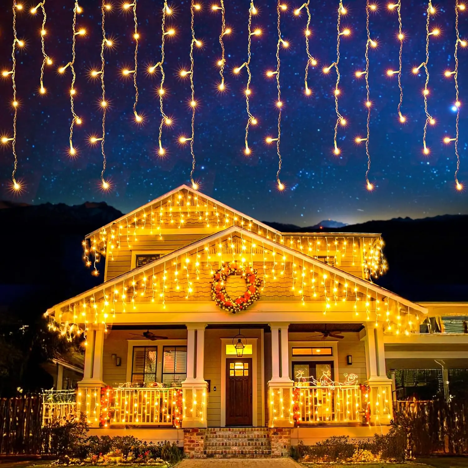 EcoNour 240-LED Magical Warm White Icicle Fairy Lights, Corded Waterproof Outdoor Hanging Decoration, 8 Lighting Modes Christmas Ornaments, Festive Garden Home Supplies, Water Proof
