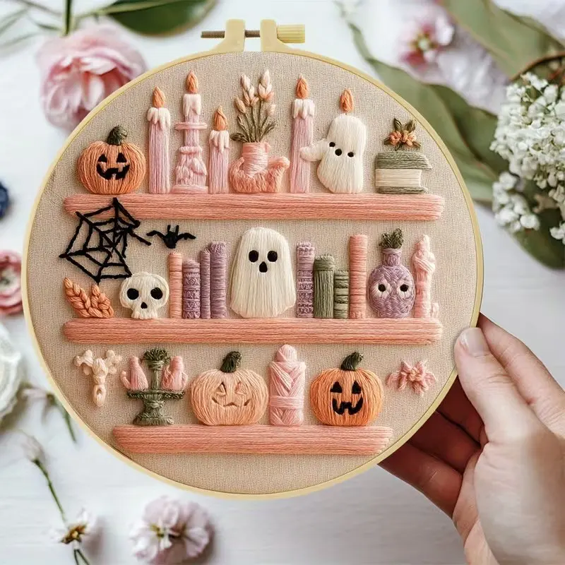 Halloween Embroidery Kit, 20x20cm DIY Set for Beginners, Includes Fabric, Thread, Needles, Perfect Gift for Home & Office Decor