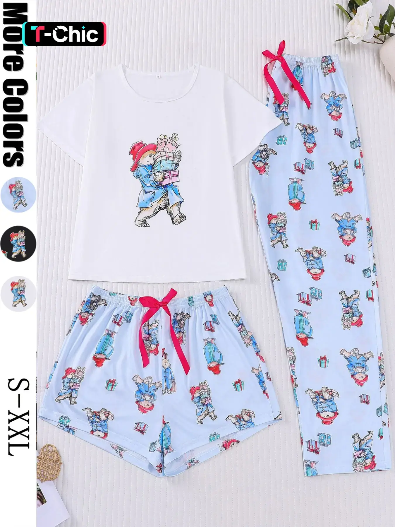 3-Piece Casual Women Pjs Pajama Pyjamas Set Lounge Pajama Style with Padding Bear Print, Short Sleeve Button-Up Top and Loose Adjustable Shorts and Long Pants, Chic Comfortable Sleepwear & Loungewear for Everyday and Holiday