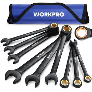 #SpringGlowUp WORKPRO 9-Pack Anti-Slip Ratcheting Combination Wrench Set, 72-Teeth, Cr-V Constructed, Black Ratchet Wrenches Set with Roll Up Pouch