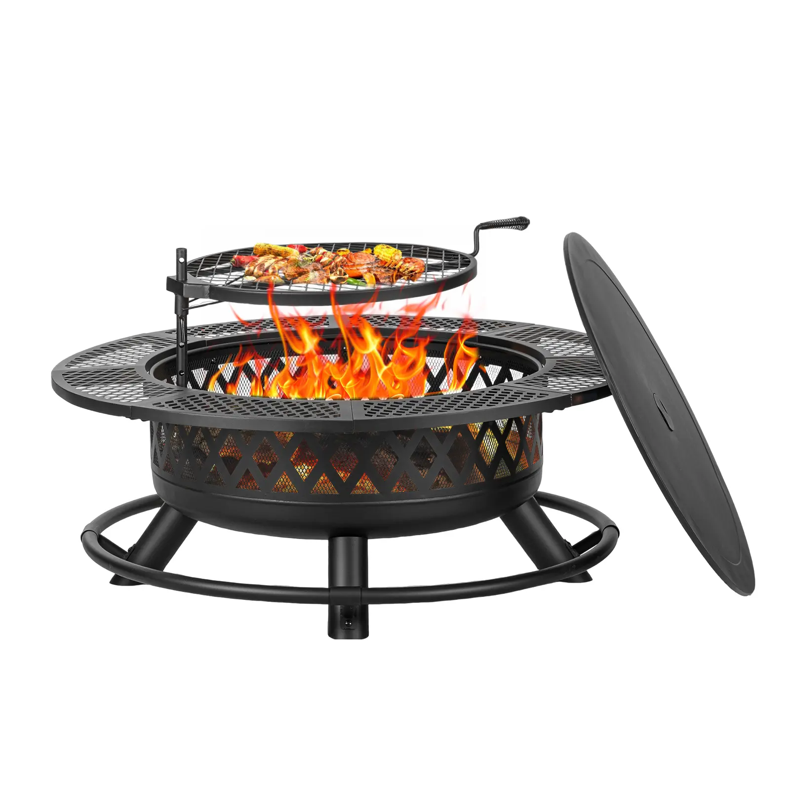 Outvue 42-Inch 3-in-1 BBQ Fire Pit with Grill - Large Outdoor Wood-Burning Fire Pit for Camping, Picnic, Bonfire, and Round Metal Table with Lid