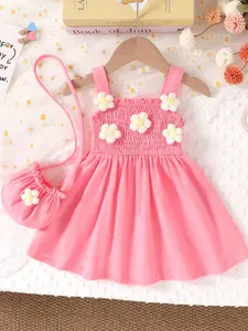 2pcs, Baby Girl Clothing, Casual, Elegant, Soft, Comfortable, Floral 3D Embellished Ruffled Halter Princess Dress And Crossbody Bag Set, Toddler Girls Clothes, Suitable Summer For Everyday Wear, Vacations, Parties, Photo Shoots, Outdoor Activities