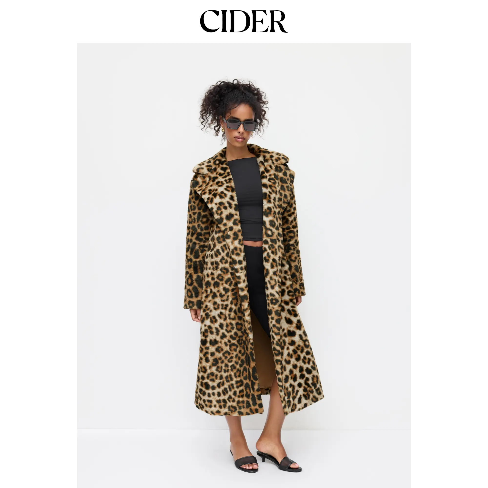Cider Women's Oversized Leopard-Print Notched Collar Button-Up Faux Fur Longline Coat, Long Sleeve Stylish Outerwear, Tops