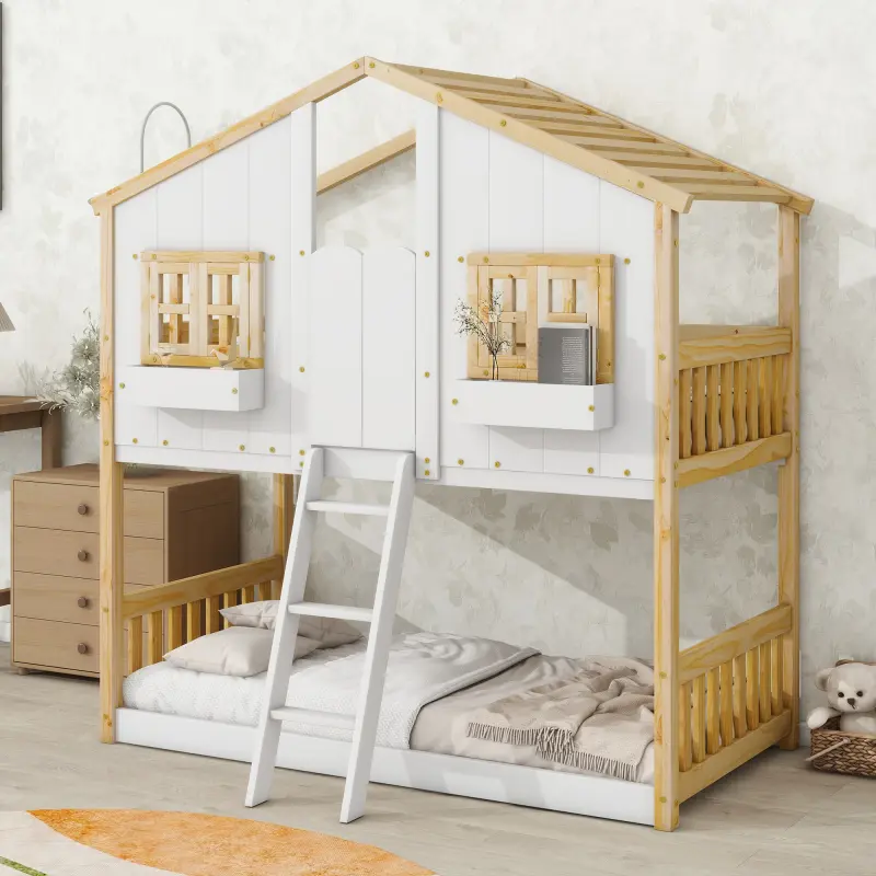 House Bunk Bed Twin Over Twin Kids Loft Bunk Bed Wood Frame with Roof, Window, Window Box, Door, Safety Guardrails and Ladder, for Girls Boys