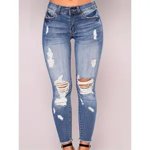 Women's Vintage Blue Stretch Skinny Jeans - Slim Fit, Distressed Details, Comfortable Blend, Suitable for Casual and Sports, Machine Washable, Spring/Summer Clothing|Ripped Detail Jeans|Smooth Texture Jeans