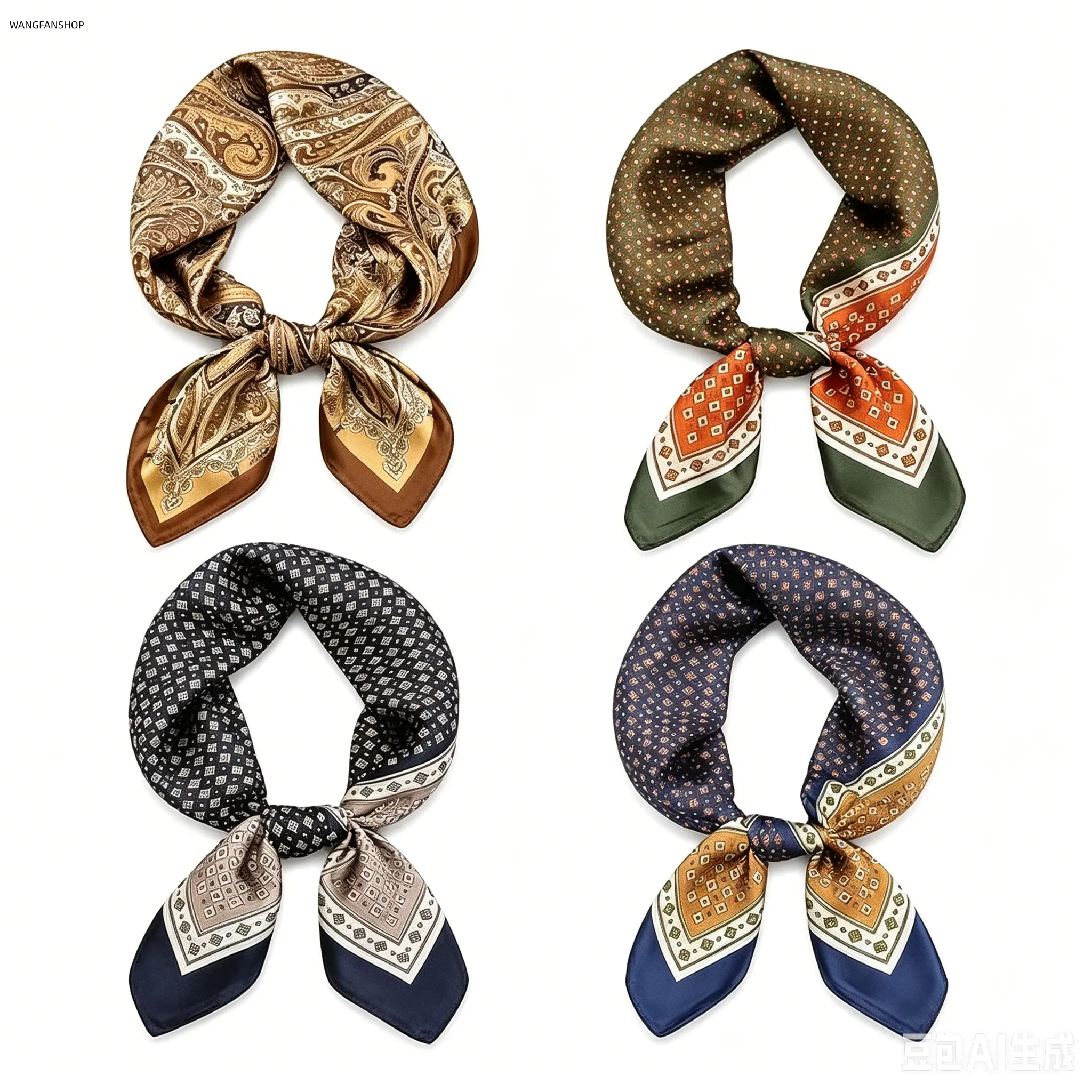 4-pack unisex retro satin small square handkerchiefs featuring a walnut blossom geometric print; multifunctional silk handkerchiefs that can be used as neck accessories, headbands, and decorative wraps; suitable for office, everyday wear, travel, and fash
