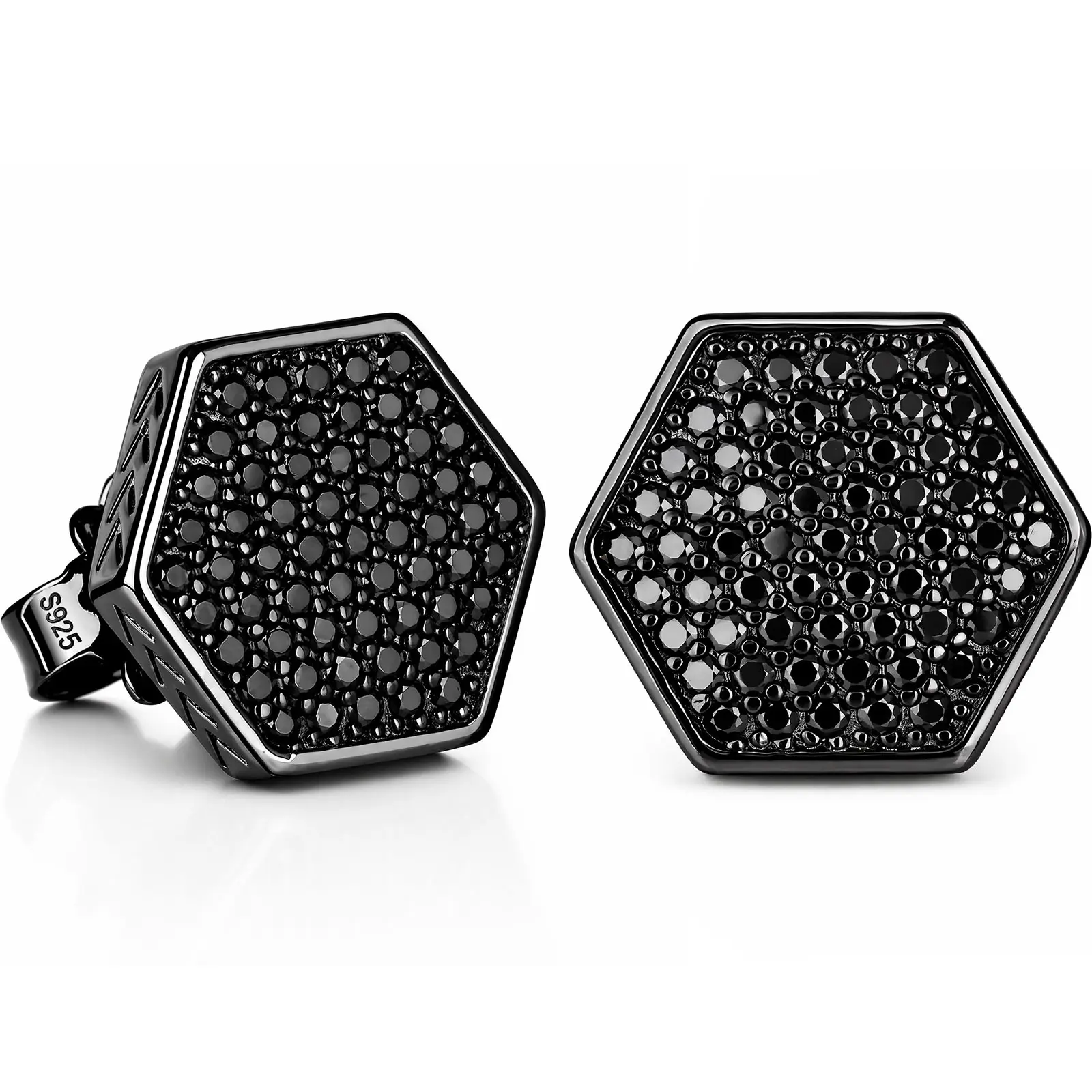 Heinlov Black Moissanite Mens Stud Earrings 925 Sterling Silver Hex 0.4ct 122 black round stones 0.4ct total 925 sterling silver 9.0mm hex mens stud earrings 2.2g daily jewelry gift