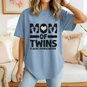 Womens Cotton Short Sleeve Graphic T-Shirt Mom Of Twins Heart And Footprints Print Cute Funny Motherhood Tee Twin Mom Gift Casual Outfit