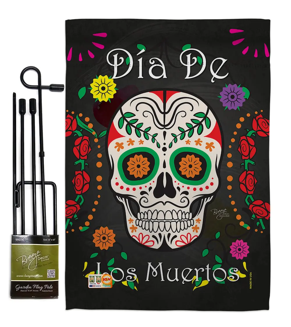 Breeze Decor BD-HO-GS-112009-IP-BO-D-US15-BD 13x18.5" Vertical Double-Sided Outdoor Hanging Mini Garden Flag Set with Banner Pole, for Dia de los Muertos Fall Halloween, Mini Flag