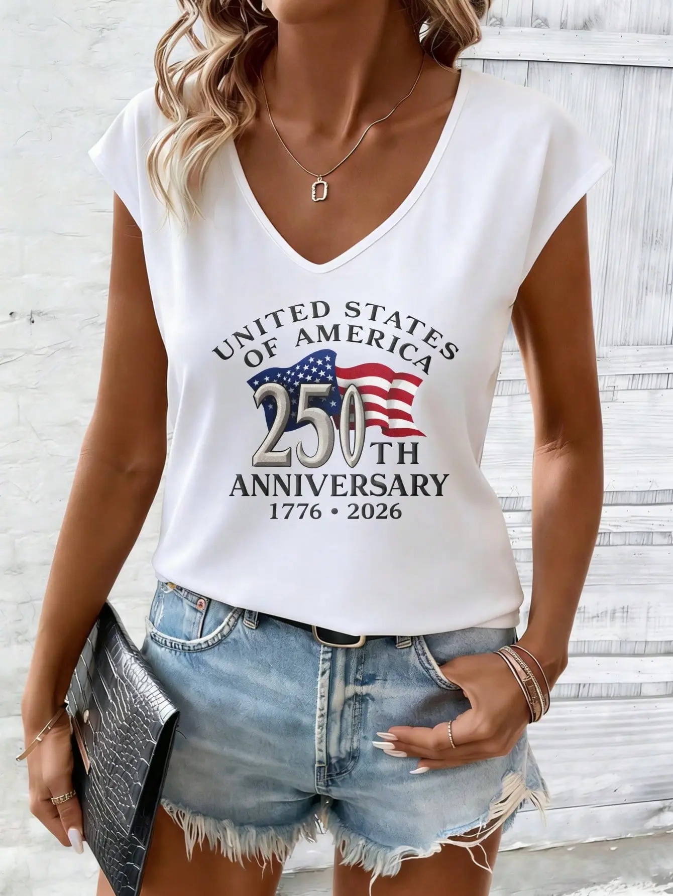 Women's Y2K V-Neck 4th Of July Outfit Women Pullover Shirt USA Of America 250th Anniversary 1776 2026 Printed, Mothers Day Outfit Elegant And Fashionable With Feminine Charm. Ideal For Holiday Gifts.  Mother's Day, Valentine's Day Gifts.
