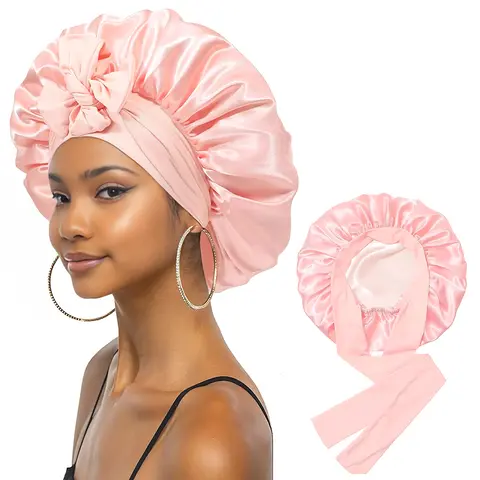 Women's Silky Double Layer Silk Sleeping Cap - Adjustable Soft Elastic Spandex Bonnet with 2.7" Edgesafe Band, Edge Control, Anti-Frizz, Bow Styling, Moisturizing Lock, Portable Breathable for Curly Hair Adults