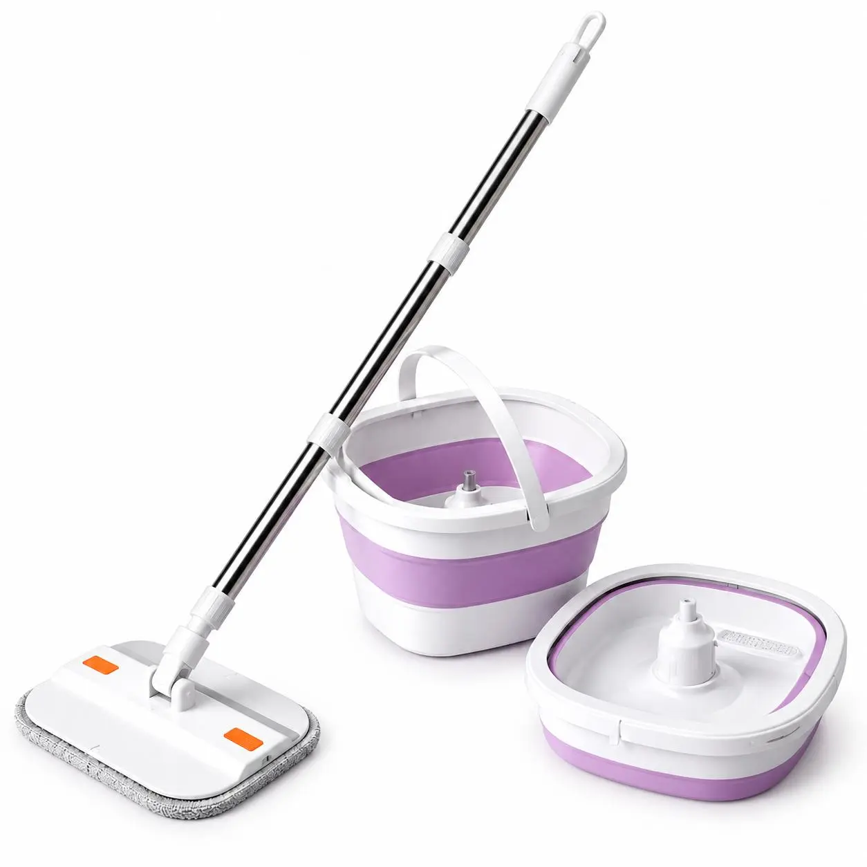 WellMall Home Foldable Spin Mop and Bucket Set - 3 Microfiber Pads, Hand-Press Wash & Spin-Dry Mop for Kitchen/Bath Hard Floors
