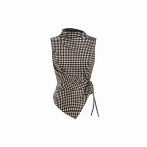 Cider Gingham Stand Collar Asymmetrical Hem Ruched Knotted Top SwimWeek