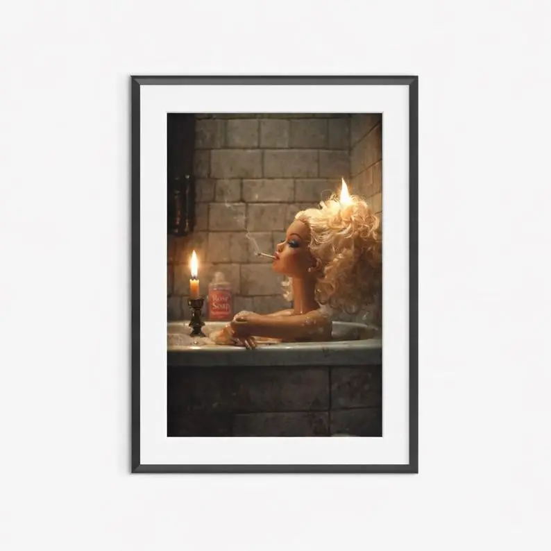 [UNFRAMED POSTER] Barbie Doll Bath Scene Rolled Poster | Retro Candlelit Aesthetic | Funny bathroom wall art