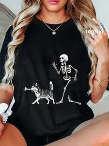 100% Cotton Funny Halloween Siberian Husky and Skeleton T-Shirt