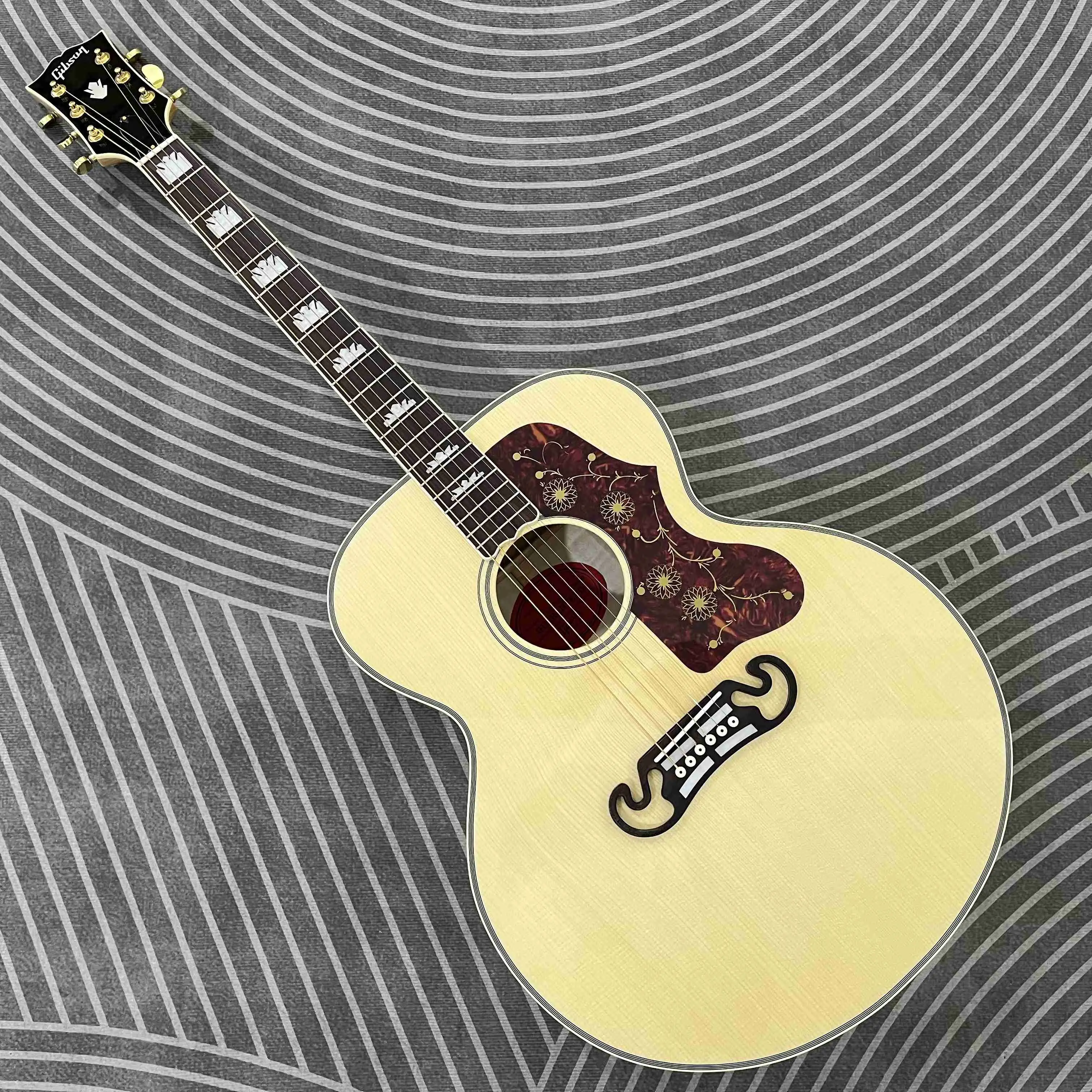 J200 Mahogany color acoustic guitar, semi-hollow body, solid spruce top, 20 frets, 6 strings