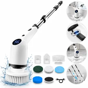 Cordless Electric Spin Scrubber with LED Display, 8 Brush Heads, 3 Speeds, and Adjustable Handle for Deep Cleaning of Bathroom, Tub, Tile, Kitchen, Shower, and Toilet