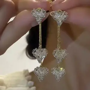 Zircon Heart Earrings, Elegant Dual-Wear Tassel Ear Drops, S925 Silver Studs, Popular Heart-Shaped Jewelry