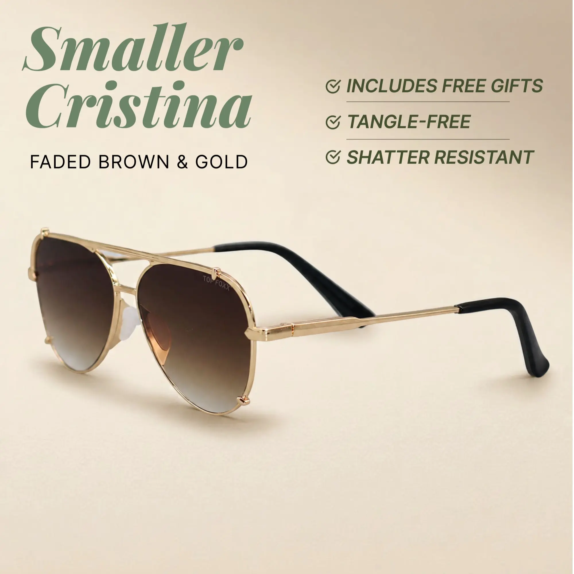 Smaller Cristina - Faded Brown Aviator & Gold - Tangle Free Round Aviator Sunglasses - Certified Shatter-Resistant Lenses - UV400 - For Women & Men