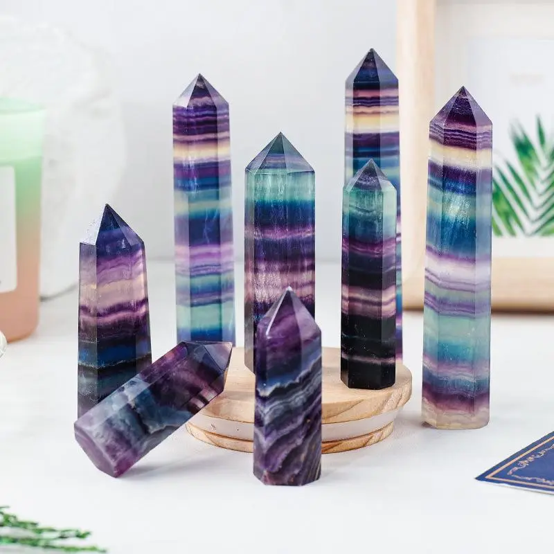 Gemstone Tower, 8 - 9Cm Natural Rainbow Fluorite Hexagonal Point, Healing Stone & Stress Reliever for Adults, Colorful Home Decor, Healing Crystals, Colorful Crystal Decor, Calming Energy, Clearing Negative Energy, Ease Stress, Enhancing Mental Clarity