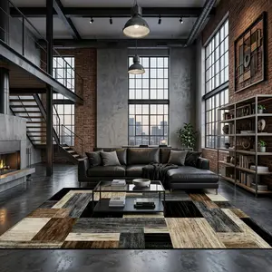 Washable Abstract Geometric Area Rug 8x10 5x8 4x6 ft. Super Soft Velvet Indoor Carpet with TPR Non-Slip Backing. Contemporary Black Brown Patchwork Floor Mat for Living Room Bedroom Dining. Pet Friendly Easy Clean Cozy Room Decor Suitable for Any Scene.