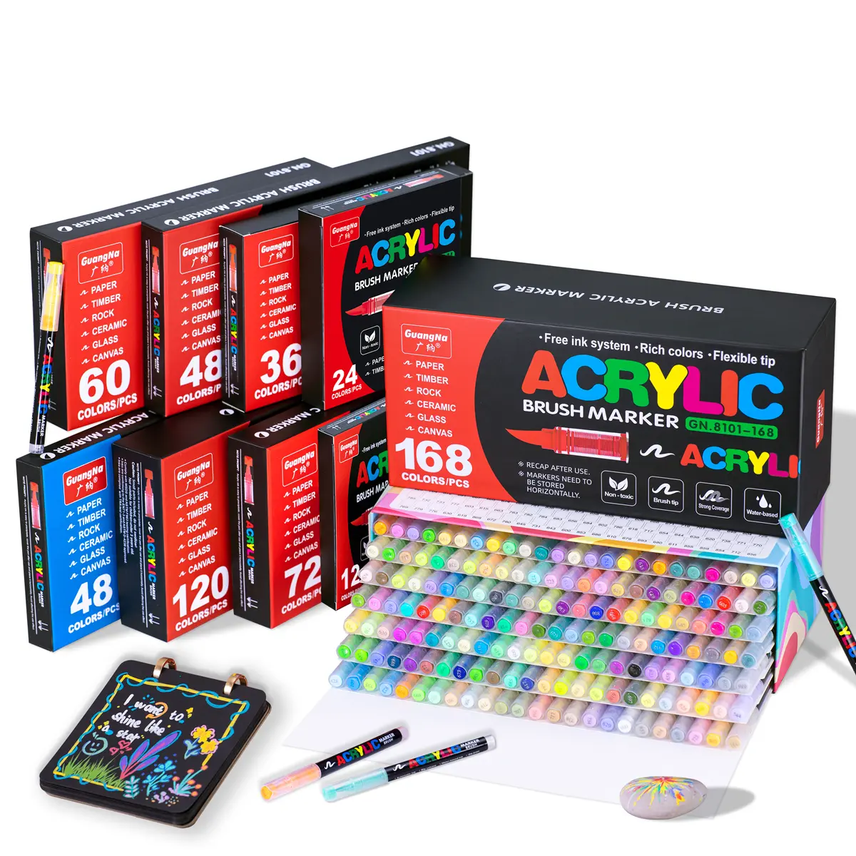 GuangNa Acrylic Paint Markers 48/72/168 Quick-Drying Waterproof Ink for Rock Wood Canvas Glass Ceramic Metal Art Crafts Supplies Gift Elastic Tip Coloring Graffiti Pen