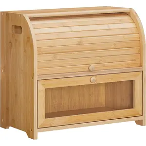 Bread Box, Bamboo Bread Box for Kitchen Countertop, 2 Tier Roll-Top Bread Bin, Food Storage Box, Large Capacity Keeper, Wooden Storage Cabinet, for Kitchen, Dining Room, Natural