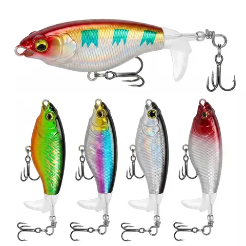 5pcs Multi-Size Adult Topwater Floating Fishing Lures Kit - Artificial Hard Baits with Rotating Tails, Surface Wobble, Splash, Sound Effects, Freshwater Bass Fishing Storage Box Included, Artificial Fishing Lures