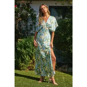 Beatrice Bat Wing Sleeve Satin Hydrangea Dress