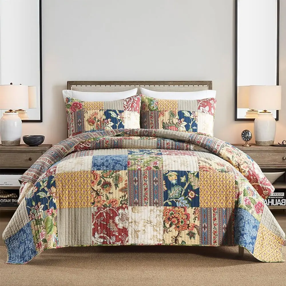 Cotton Bedspread Quilt Sets Reversible Bedding Coverlet Sets 3 Pieces Gorgeous Rustic Vintage Floral Red Yellow Patchwork Bedspread, King Size