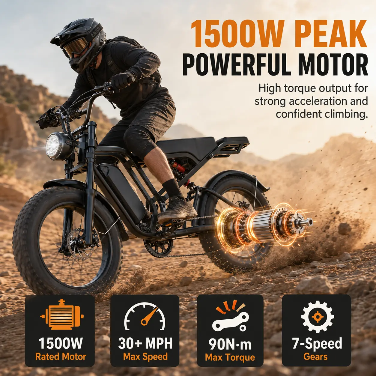 Adult Fat Tire Electric Bike, 1500W Peak Power, 48V 15Ah Removable Battery, Full Suspension, 20x4in Tires, 7-Speed, LCD Display, 40-70 Mi Range built-in