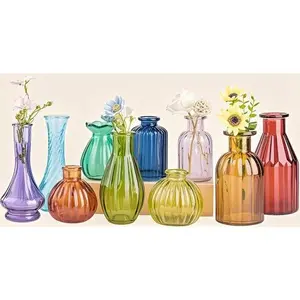 Vibrant Glass Bud Vases Set of 10, Small Colored Vase Bottles for Wedding Centerpieces, Reusable Floral Arrangement Decor, Vintage Style Home and Garden Accents, Colorful Mexican Inspired Décor Ornaments Flower