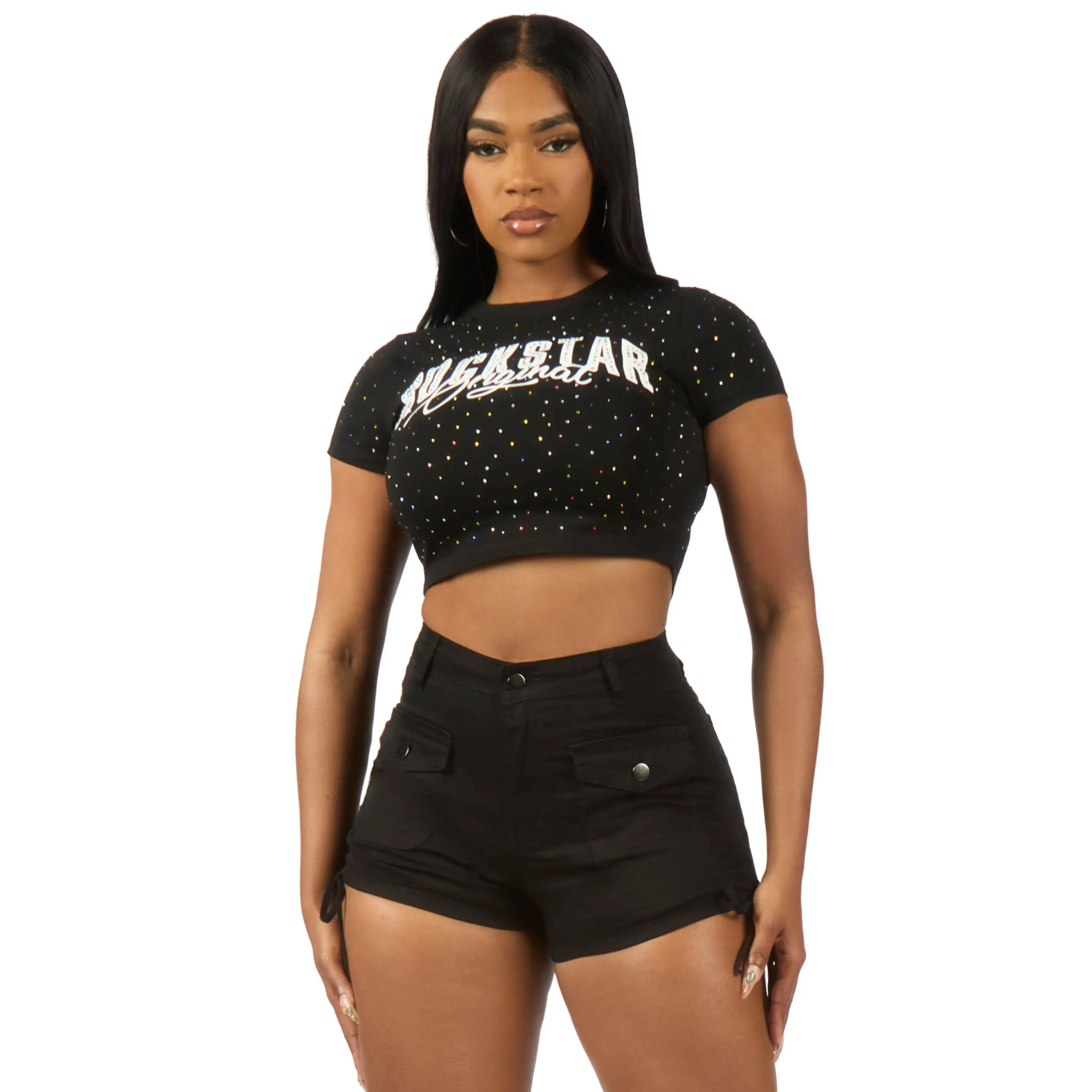 Franchesca Black Rhinestone Crop Baby Tee Shirt
