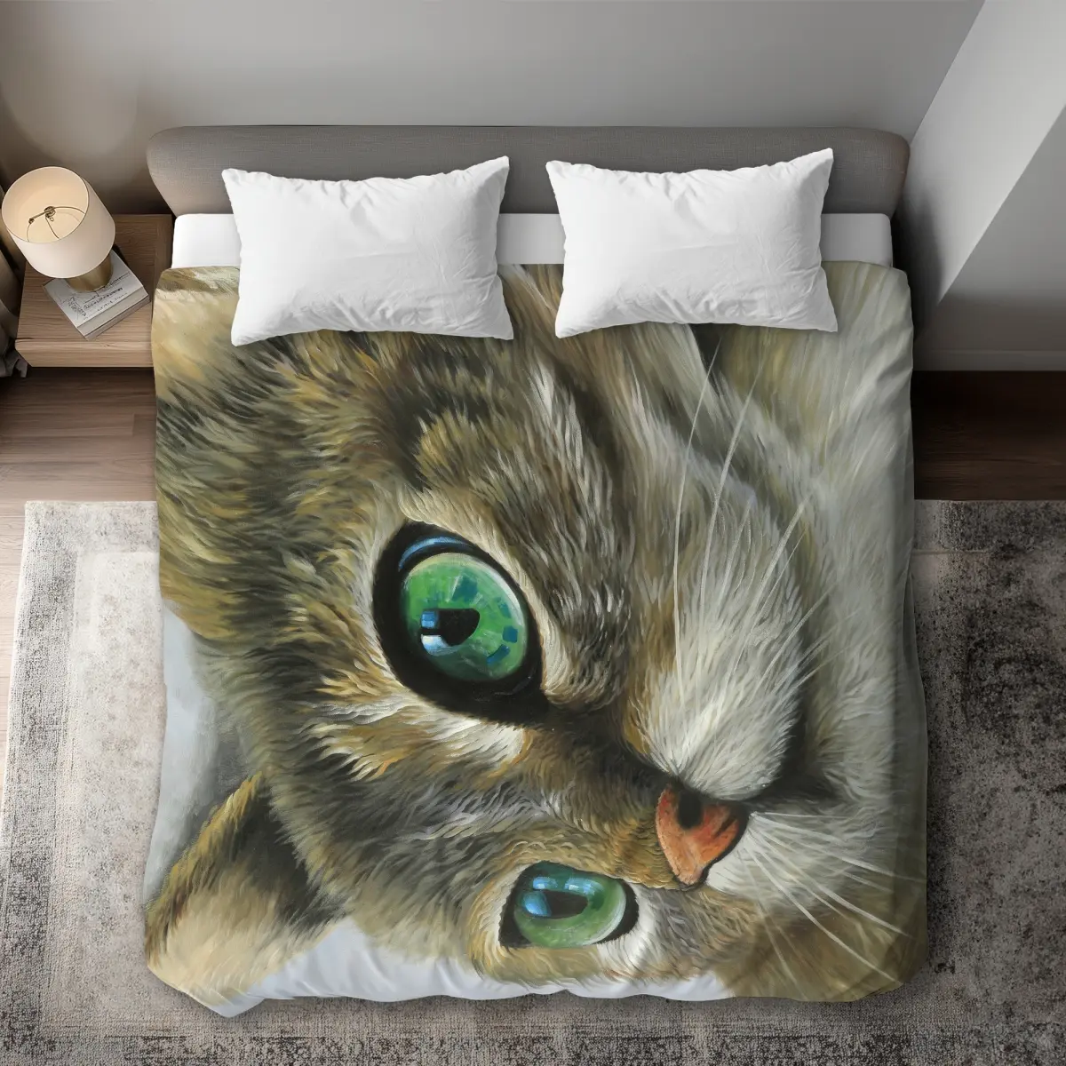 360 Stand Peaceful Cat Portrait King Size Duvet Cover - Microfiber Face Fabric, Neutral Brown Tone, Soft Texture, King Bed Bedding, Pet Home Decor Textile Soft Furnishing, Neutral Tone, Duvetcovers, Animal Theme Duvet Covers