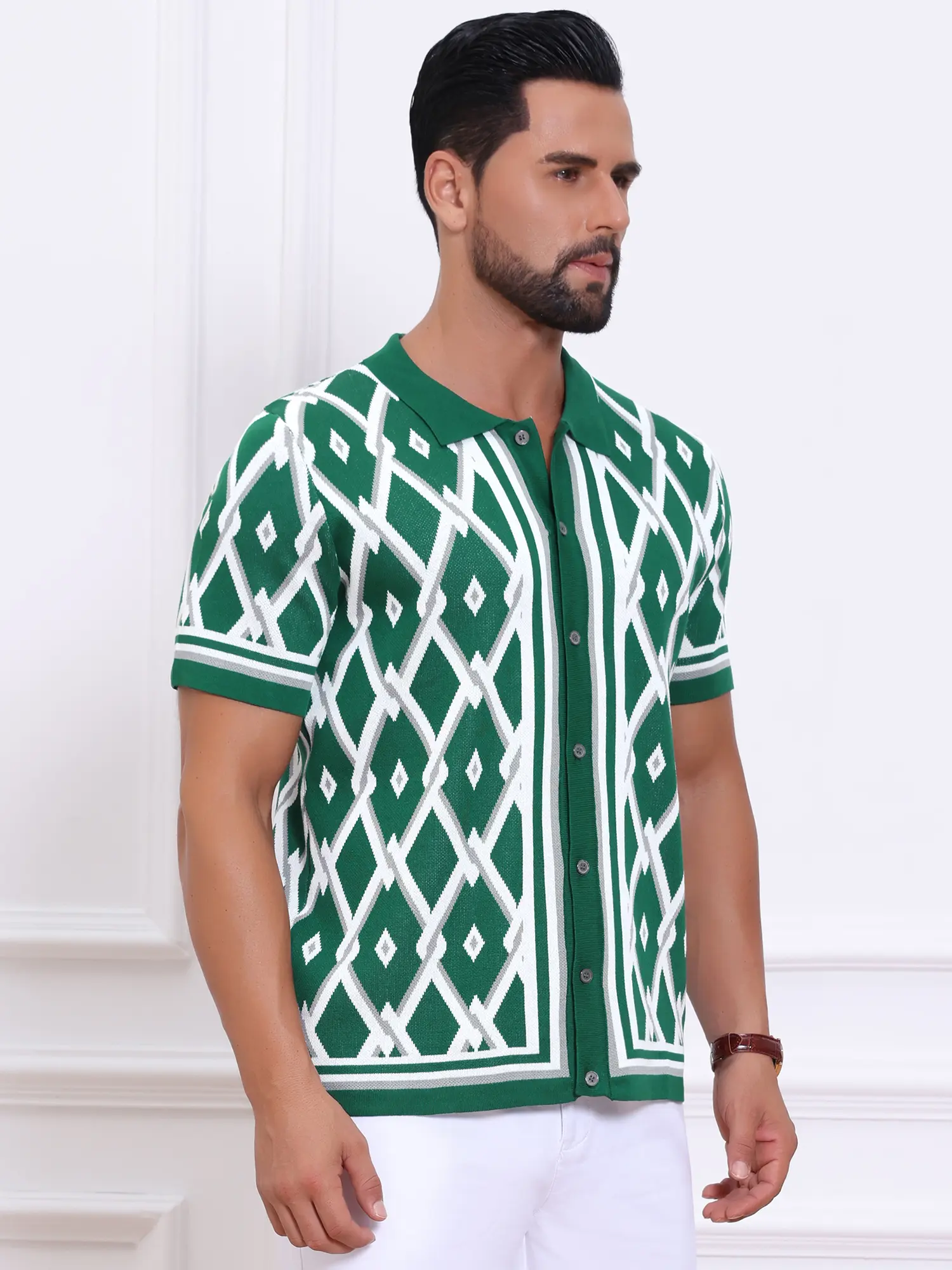INSPIRE CHIC Men's Argyle Polo Shirt Casual Short Sleeve Button Down Plaid Knitted Polo