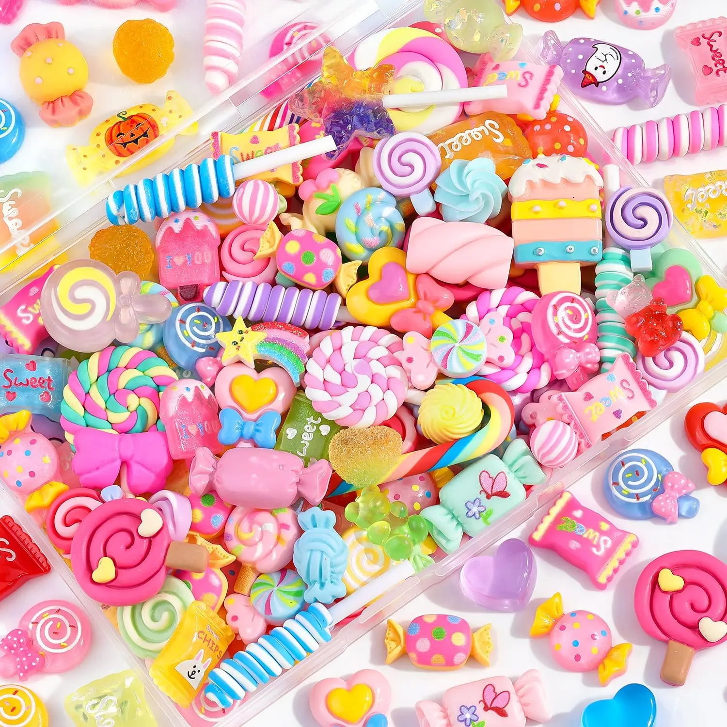 120PCS Fake Candy Charms Cute Flatback Resin Charms For Slime, Random Decoden Charm for Embellishments Slime Charm for Craft Phone Junk Case Charms Bulk Rainbow Lollipop, Scrapbooking DIY Decor